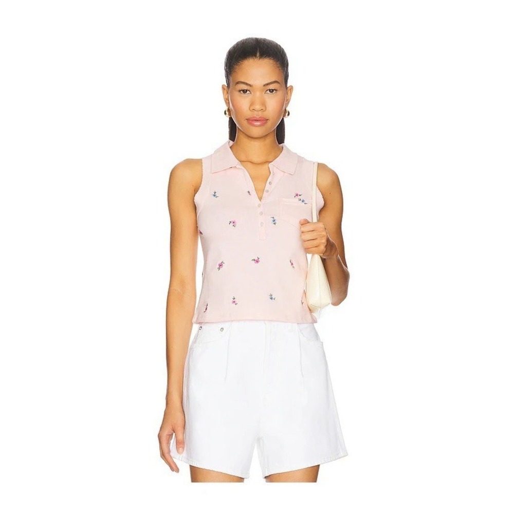 Free People Pink Pepper Knit Polo Sz S Embroidered Floral Preppy $90